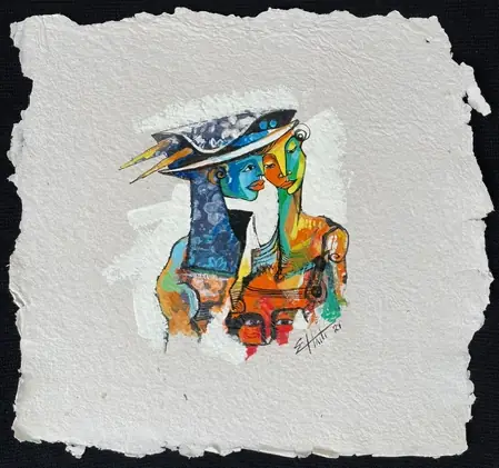 Obra sobre papel: una figura con sombrero azul estampado, en azul y verde.