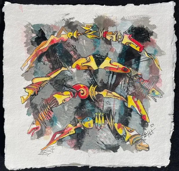 Obra sobre papel: peces y figuras en amarillo y rojo sobre manchas grises y negras.