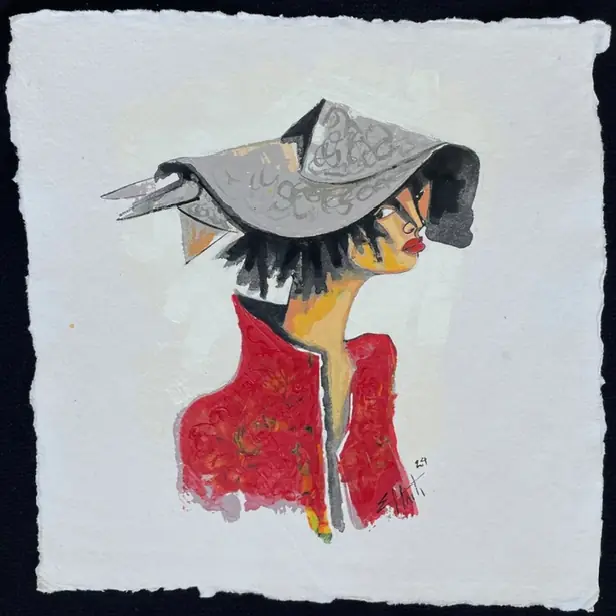 Obra sobre papel: una mujer con gran sombrero gris y chaqueta roja.