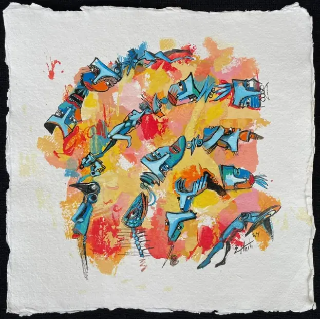 Obra sobre papel: un banco de peces azules sobre amarillo, naranja y rojo.